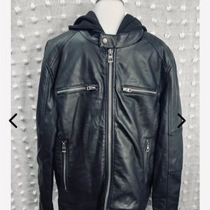 NWT Mens Guess Moto jacket with hood in black size xl